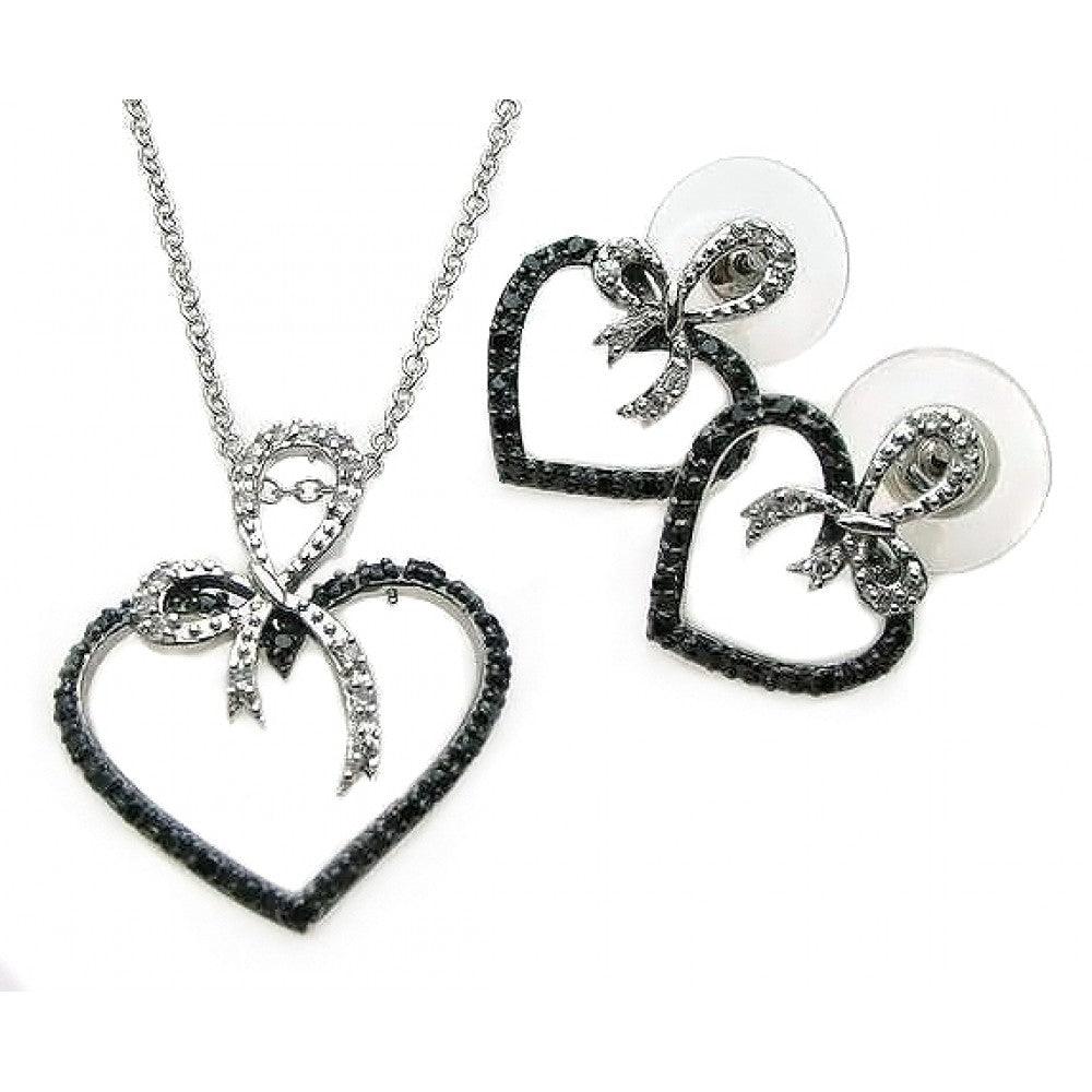 Silver 925 Rhodium and Black Rhodium Plated Black and Clear Open Heart Ribbon CZ Stud Earring and Necklace Set - BGS00077