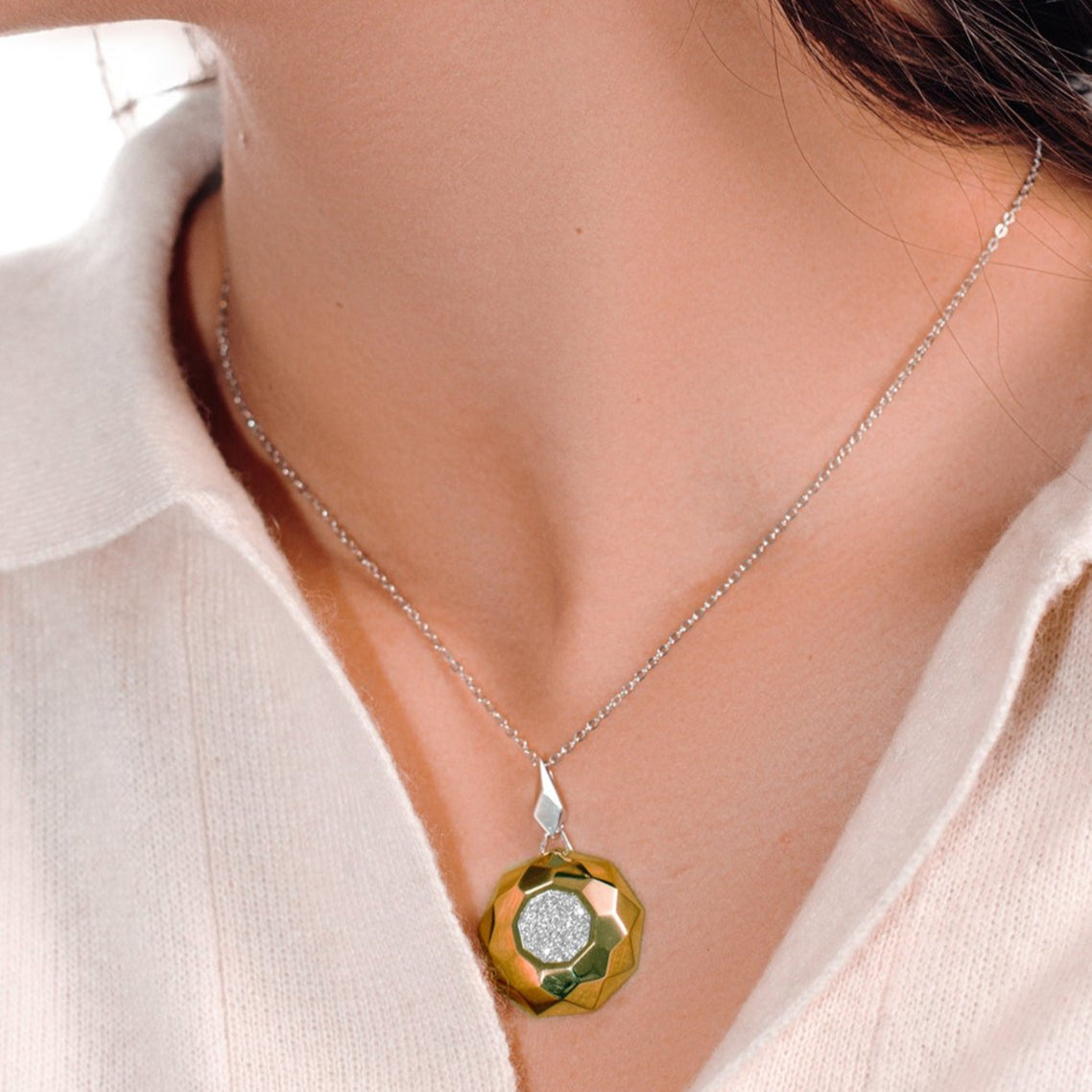 Silver 925 Rhodium and Gold Plated Hammered Circle Clear Pave Set CZ Leverback Earring and Necklace Set - BGS00129