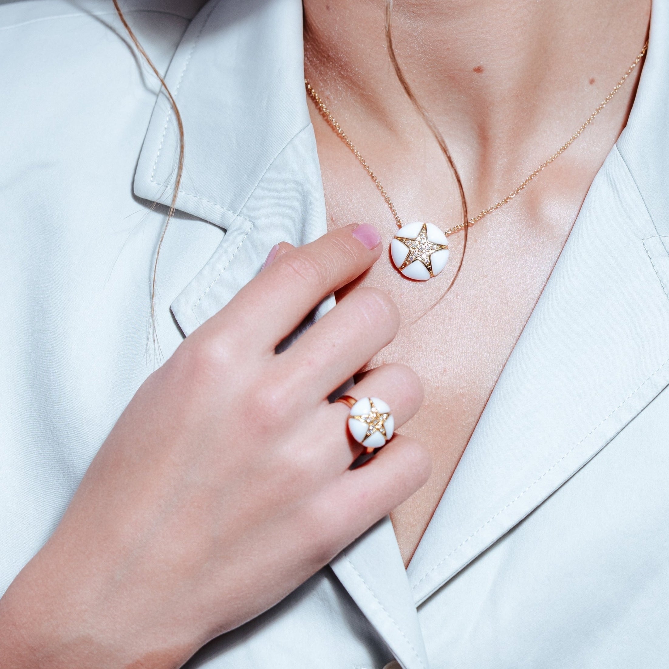 Silver 925 Gold Plated White Onyx Clear CZ Starfish Ring - BGR00300