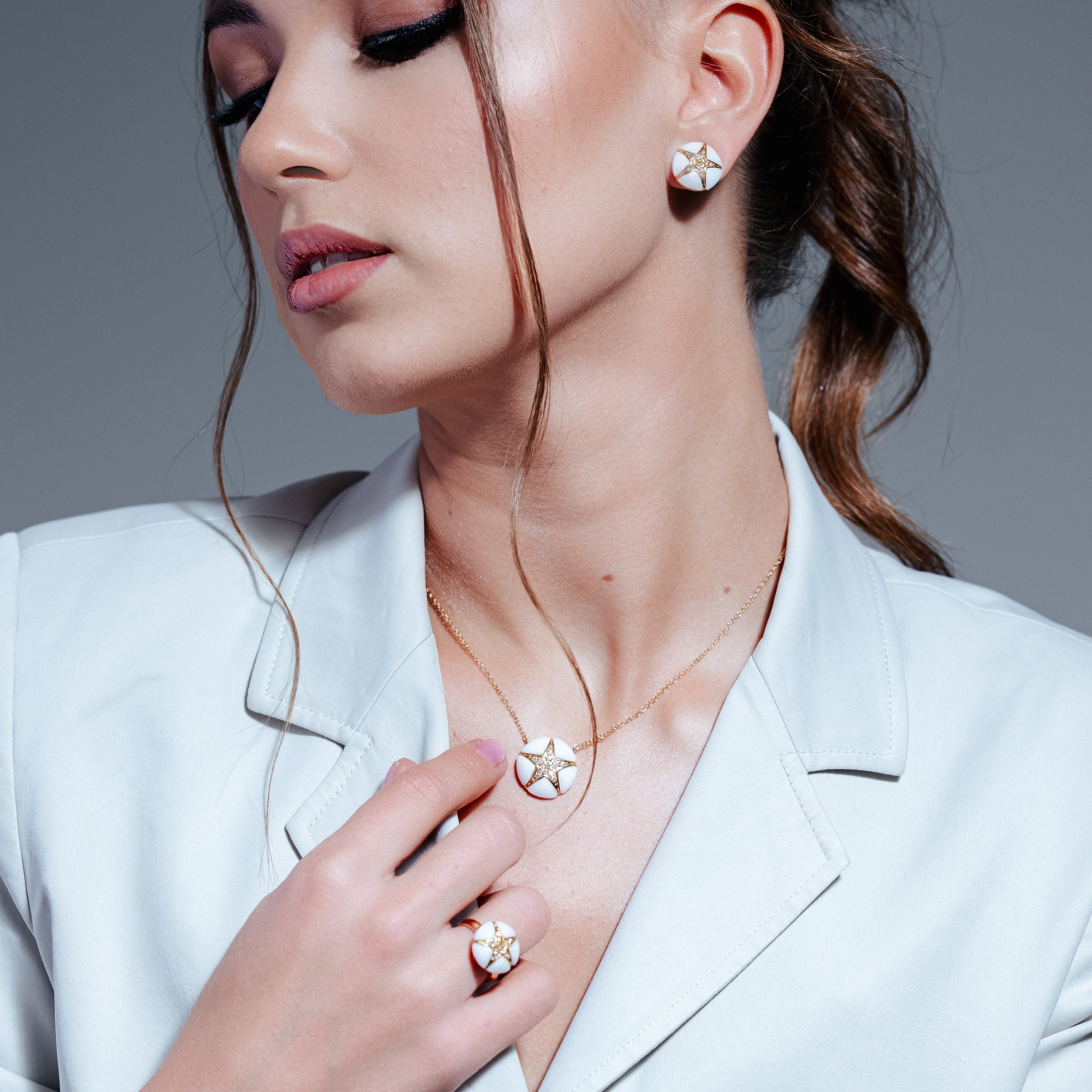 Silver 925 Gold Plated White Onyx Clear Star CZ Stud Earring and Necklace Set - BGS00141