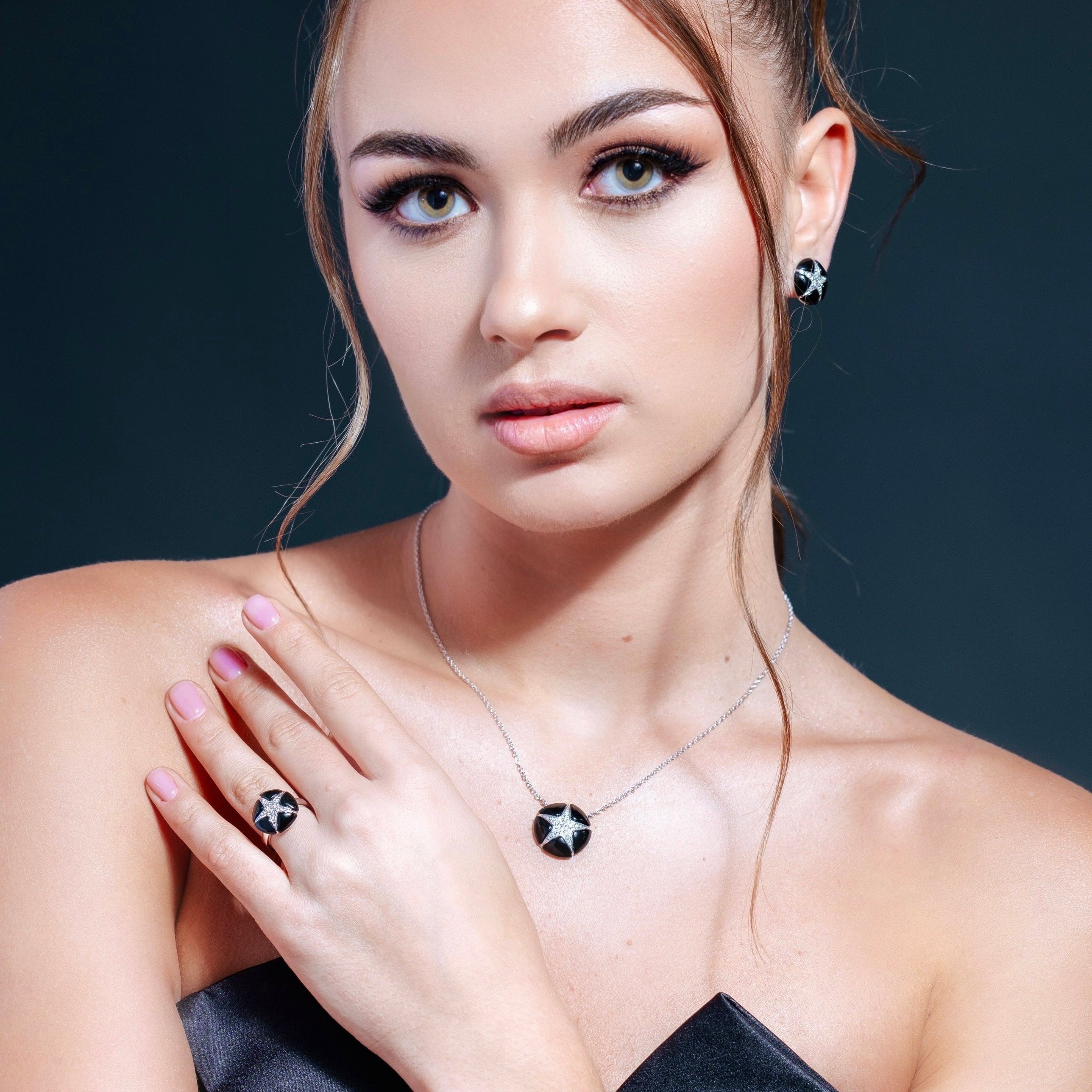 Silver 925 Rhodium Plated Black Onyx Clear Star CZ Stud Earring and Necklace Set - BGS00142