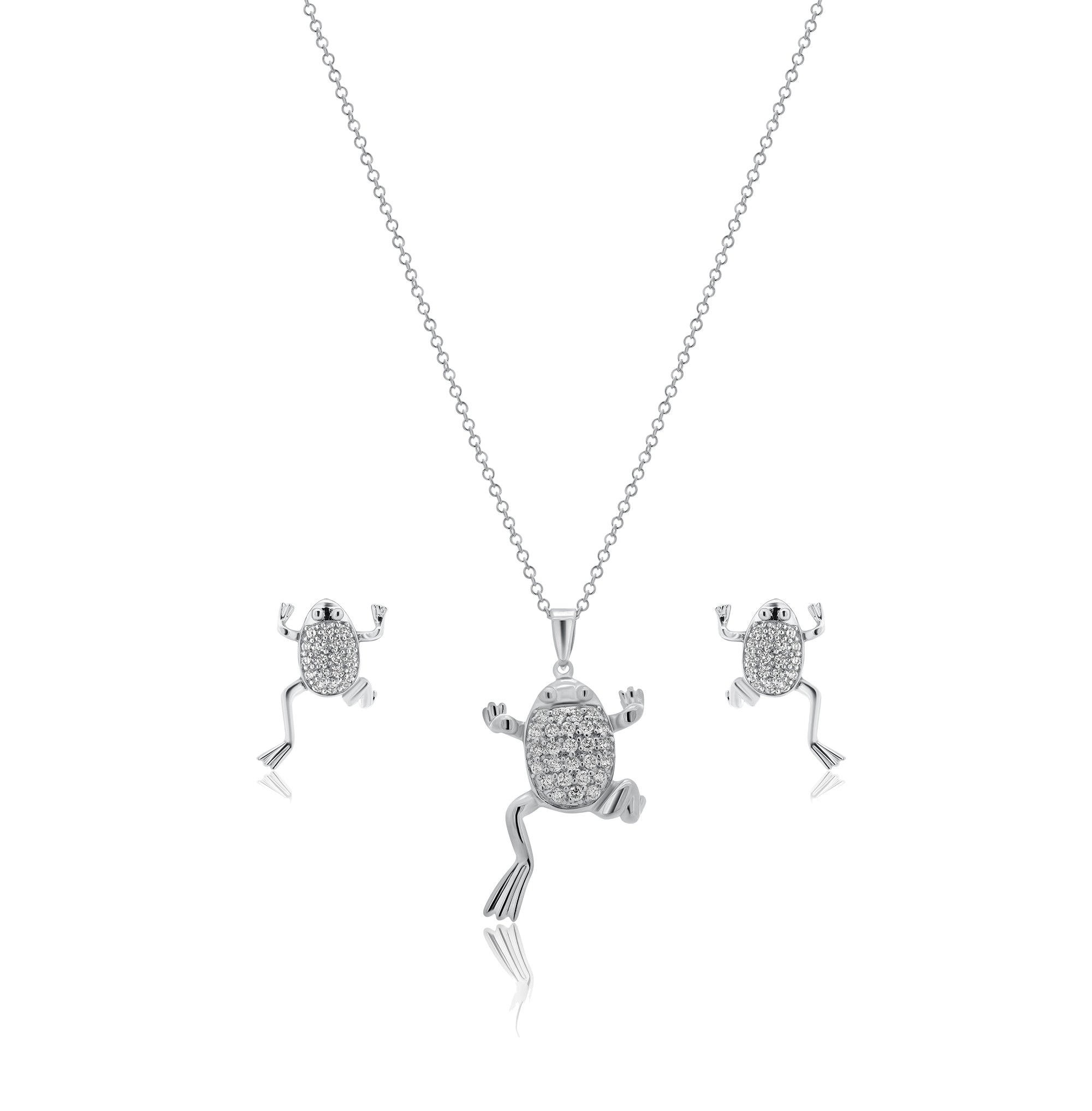 Silver 925 Rhodium Plated Clear Climbing Frog CZ Stud Earring and Necklace Set - BGS00173