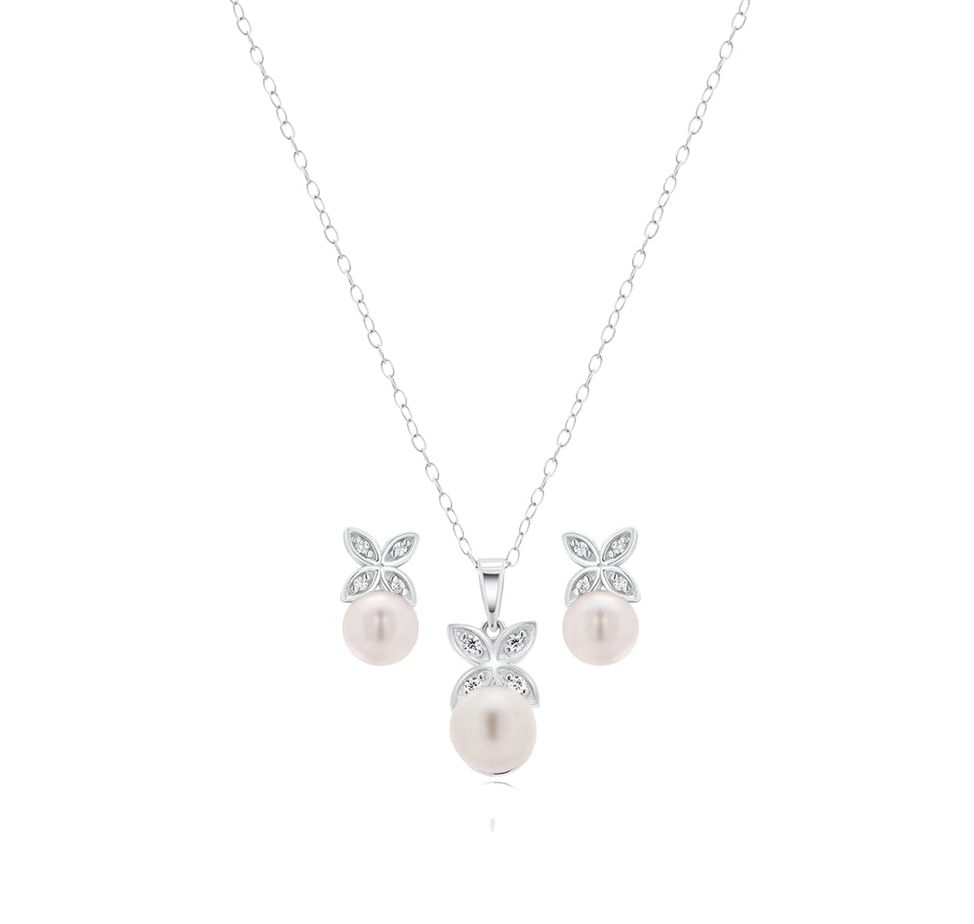 Rhodium Plated 925 Sterling Silver Clear CZ Hanging Pearl Butterfly Set - BGS00319