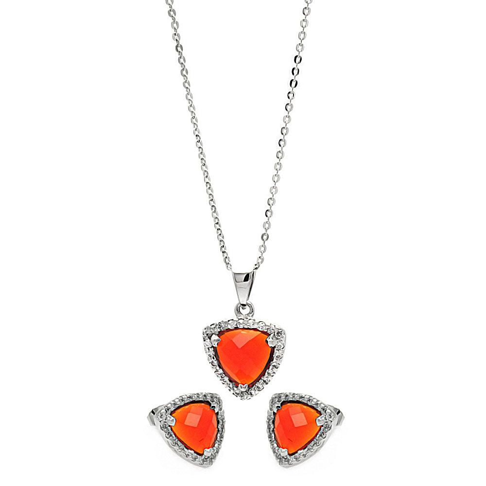 Rhodium Plated 925 Sterling Silver Cushion Triangle Red CZ Set - BGS00326
