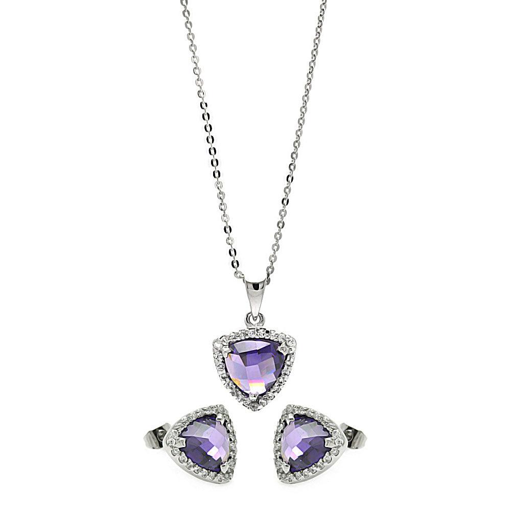 Rhodium Plated 925 Sterling Silver Cushion Triangle Purple CZ Set - BGS00328