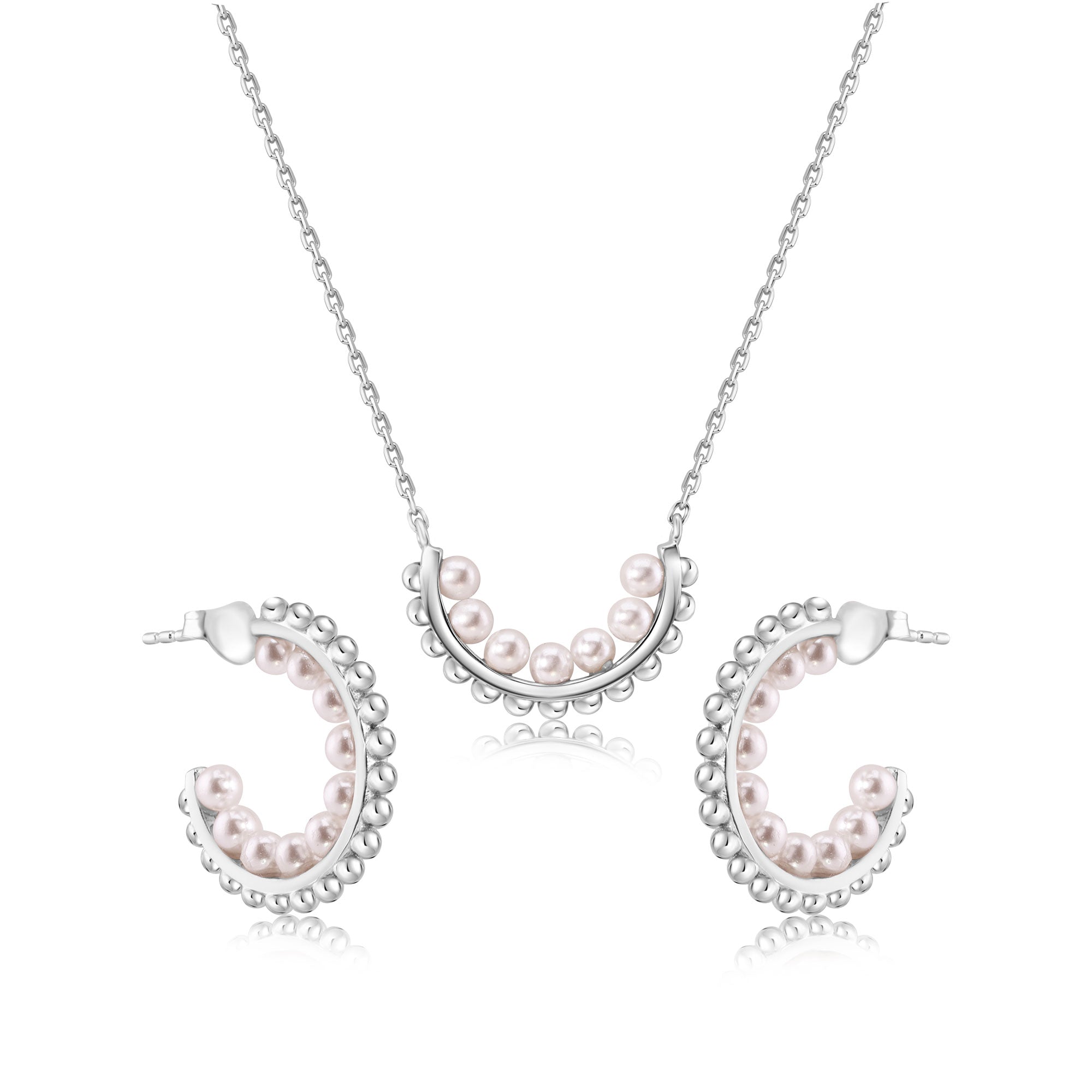 Rhodium Plated 925 Sterling Silver Multi Beaded Pearl Semi Hoop Matching Set - BGS00625