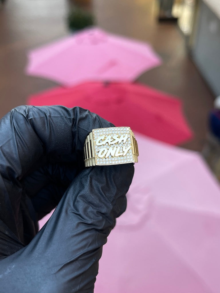Cash Only Presidential Ring in solid gold - raised polished script with a dollar sign over a pave face