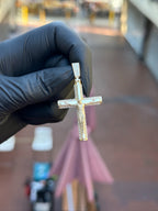 Detailed Crucifix diamond pendant, pave bail and tapered cross arms in solid gold