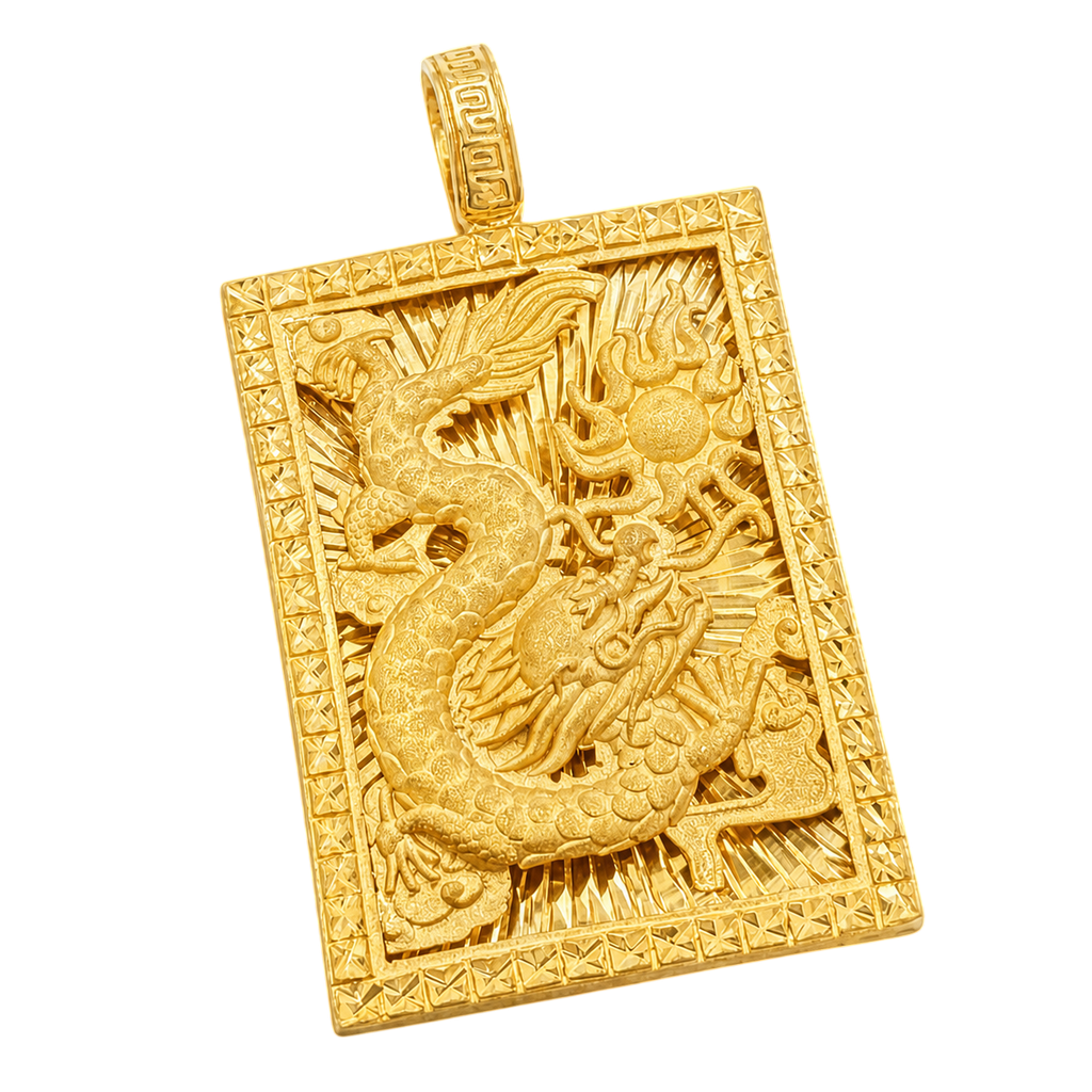 Solid gold Diamond-Cut Dragon Portrait Pendant, coiled dragon and flaming pearl inside a carved chevron frame