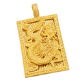 Solid gold Diamond-Cut Dragon Portrait Pendant, coiled dragon and flaming pearl inside a carved chevron frame