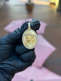Double-sided Jesus and Virgin Mary diamond oval pendant, Holy Face of Jesus with a pave crown of thorns