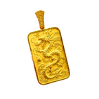 Solid gold Rectangle Dragon Pendant, high-relief dragon over waves with a scale-textured bail