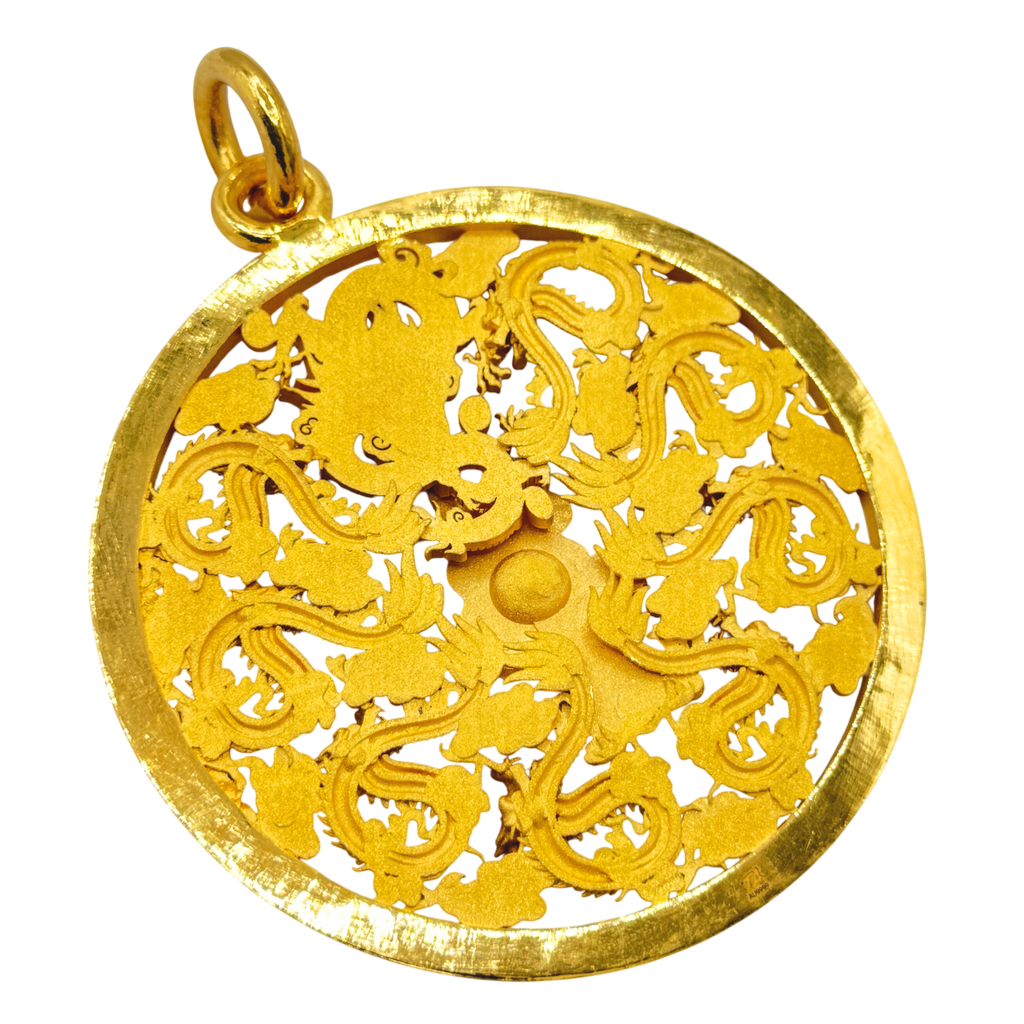 Large 9 Dragons Circle gold pendant, finished reverse