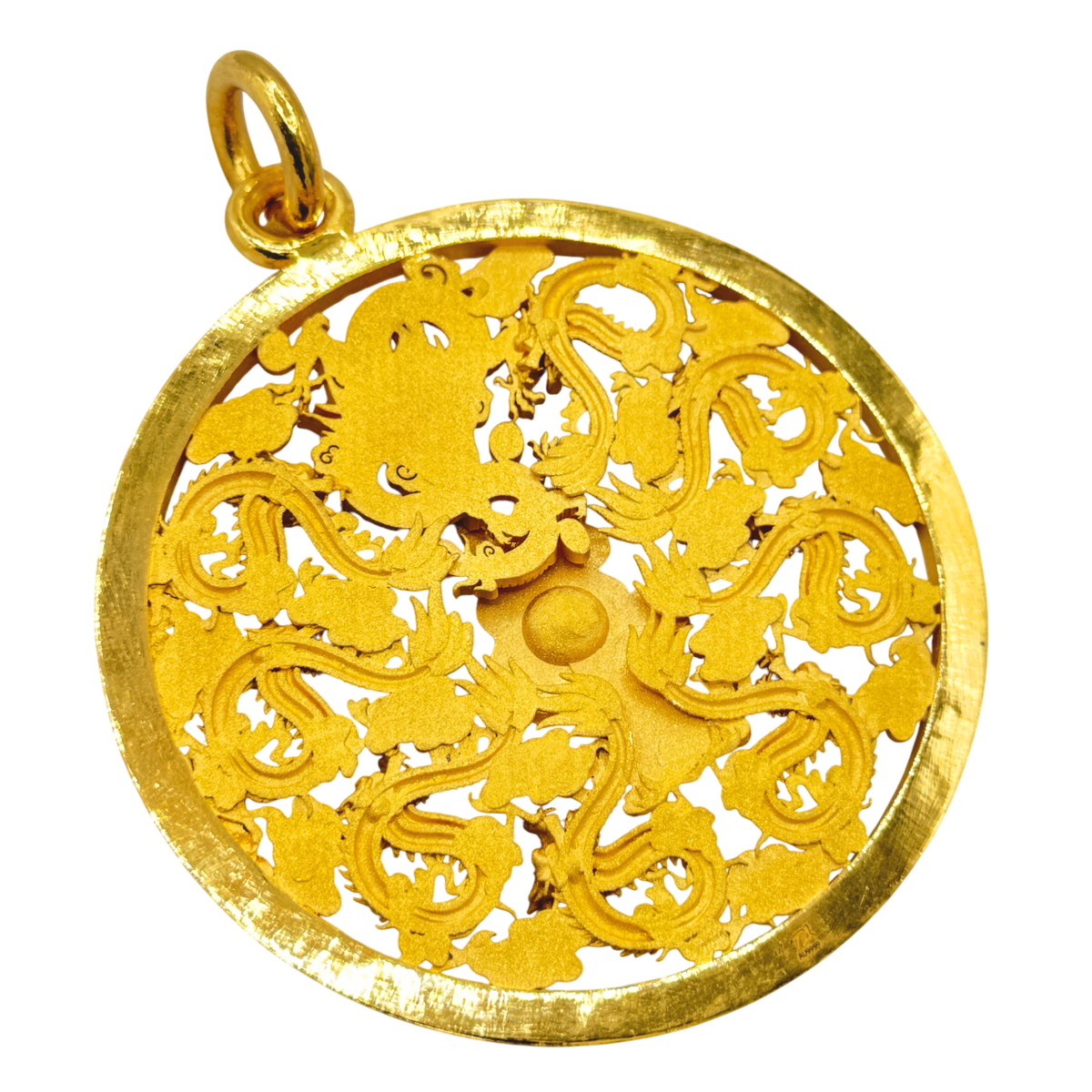 Large 9 Dragons Circle gold pendant, finished reverse