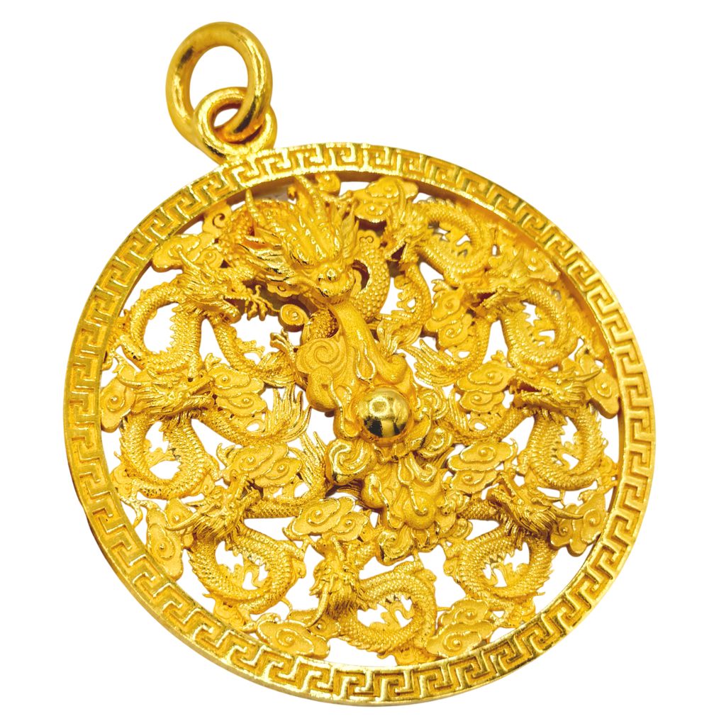 Solid gold Large 9 Dragons Circle Pendant, 91mm pierced openwork disc with nine dragons in a pinwheel