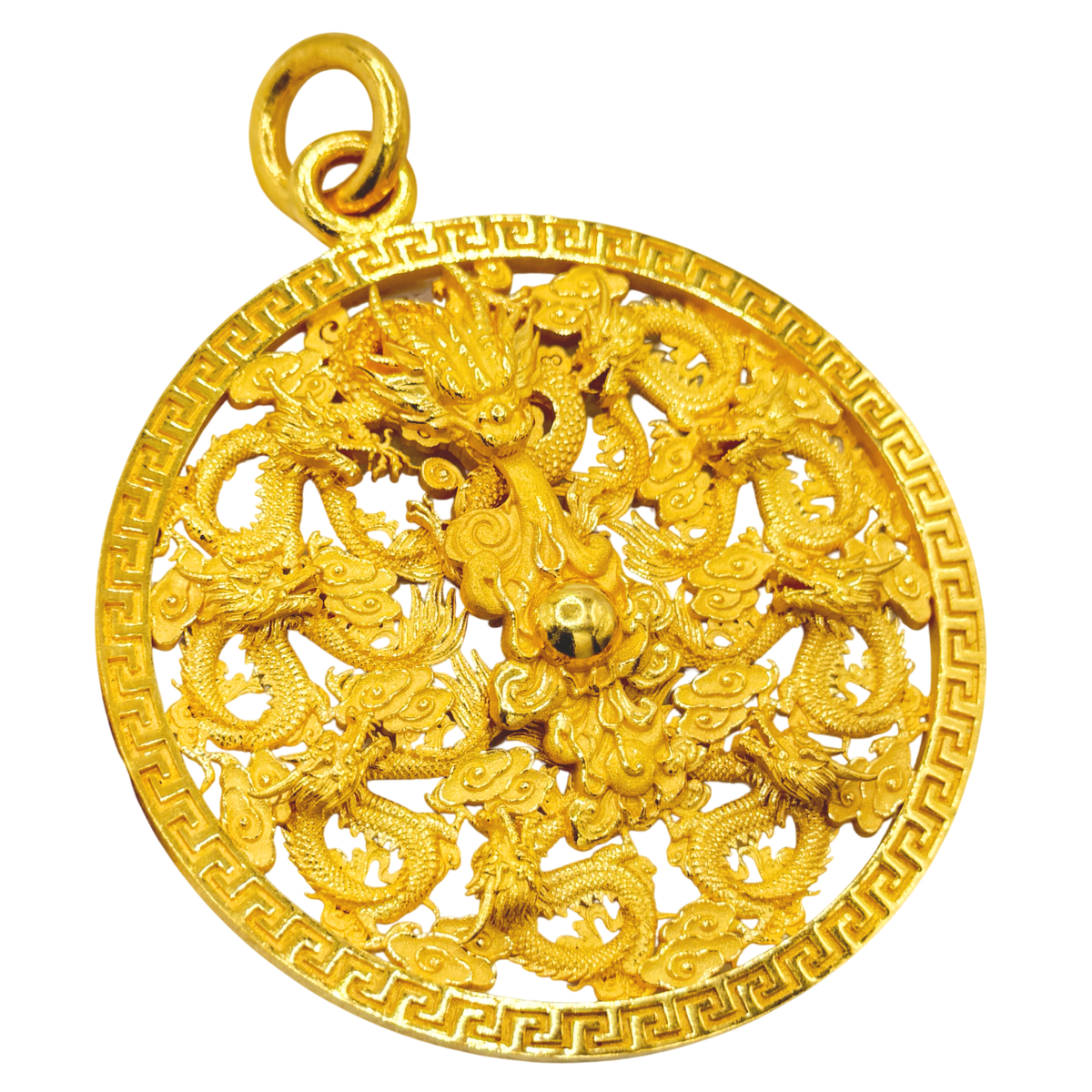 Solid gold Large 9 Dragons Circle Pendant, 91mm pierced openwork disc with nine dragons in a pinwheel
