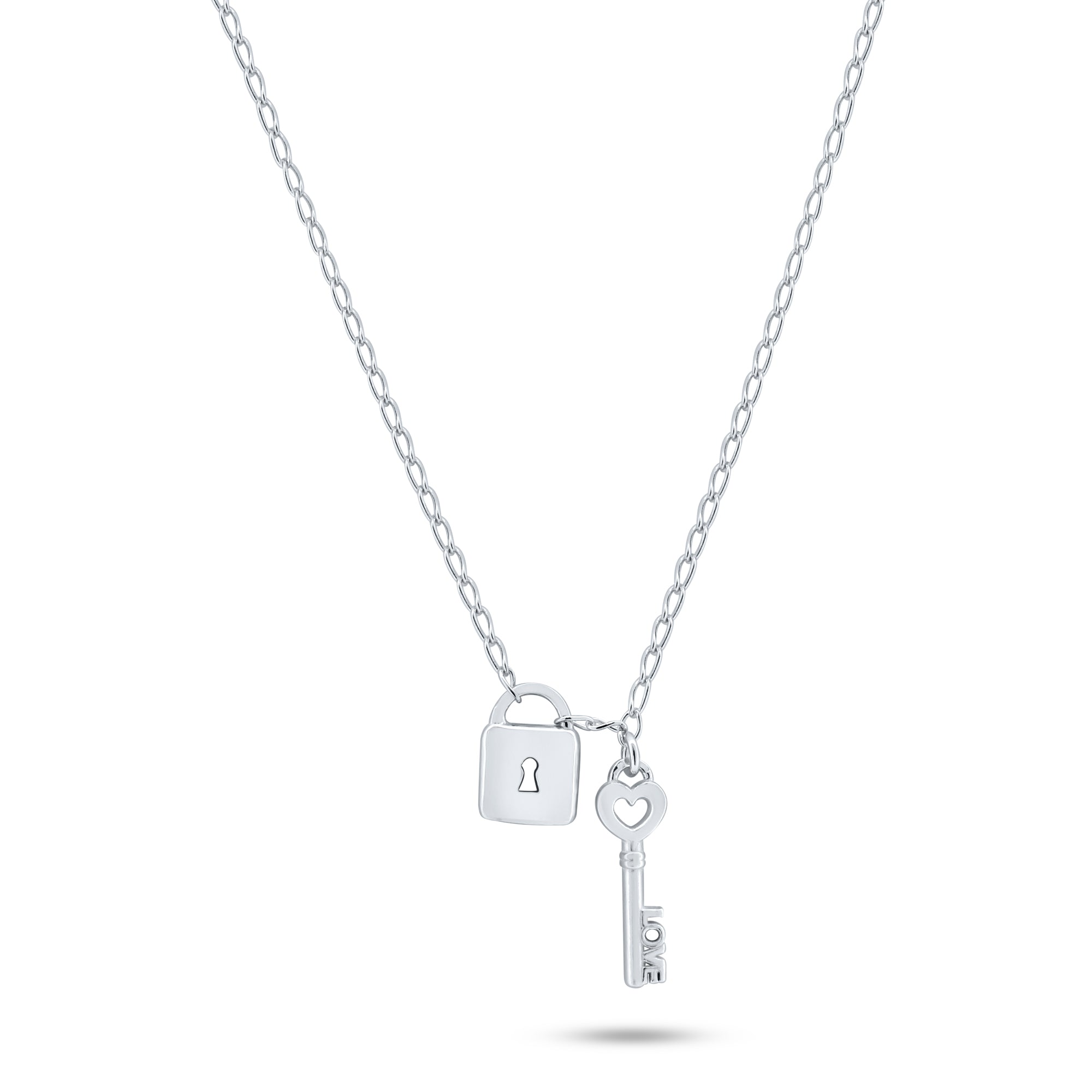 Rhodium Plated 925 Sterling Silver Love Key and Lock Necklace - ECN00070RH