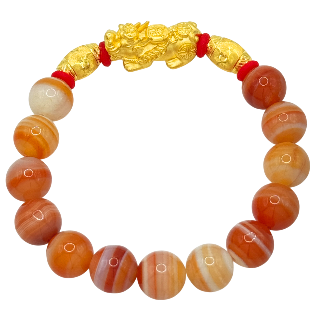 24K Yellow Gold Pi Xiu w/ Diamond Cut Vases Gradient Jade Bead Bracelet
