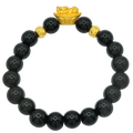 24K Yellow Gold Pi Xiu Ingot w/ Diamond Cut Balls Black Obsidian Bead Bracelet