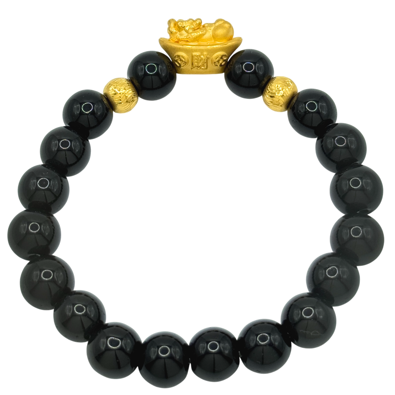 24K Yellow Gold Pi Xiu Ingot w/ Diamond Cut Balls Black Obsidian Bead Bracelet