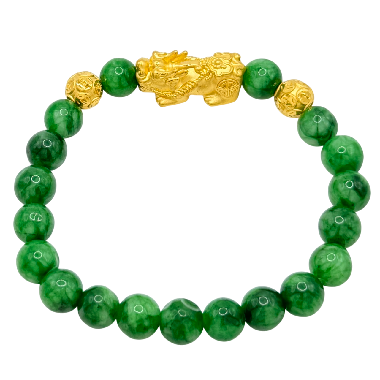 24K Yellow Gold Pi Xiu & Money Coin Ball Green Jade Bead Bracelet