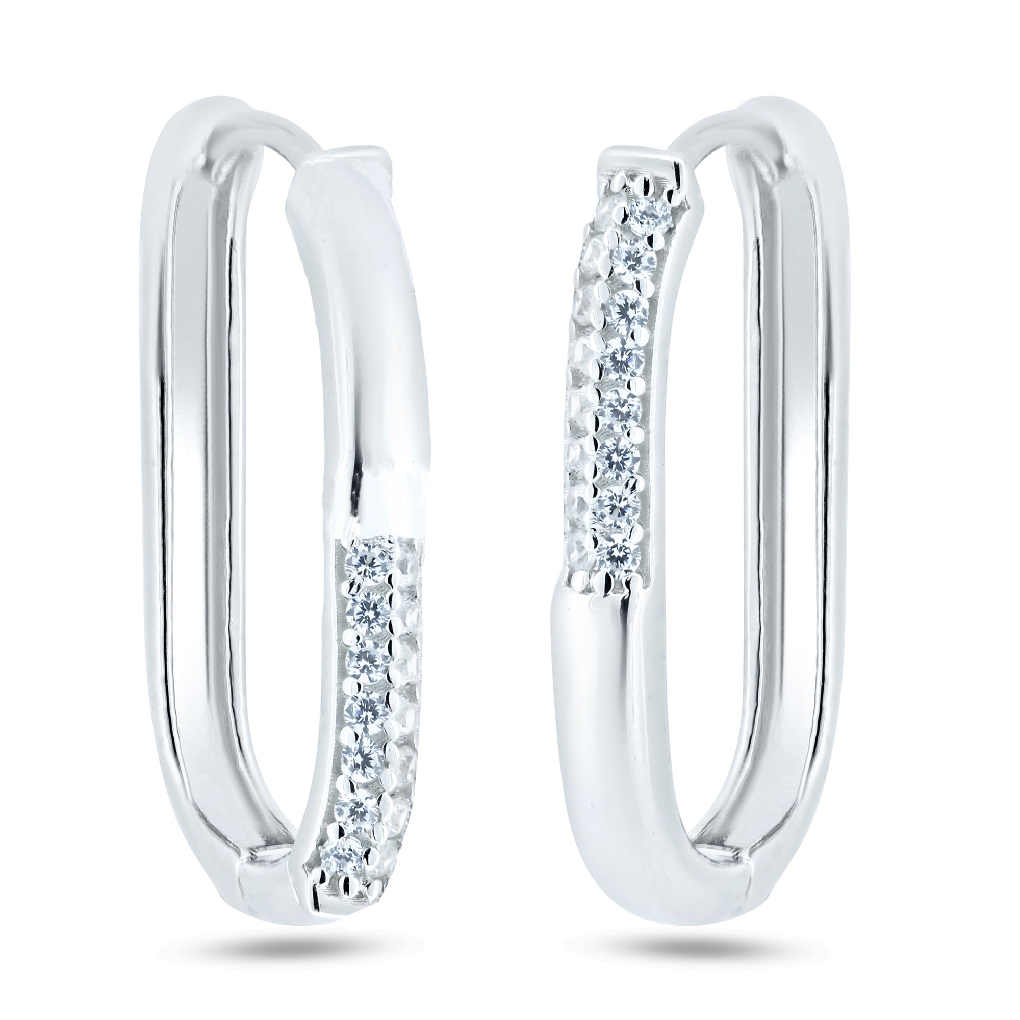 Rhodium Plated 925 Sterling Silver CZ Oval Hoop Earrings - GME00124