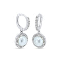 Rhodium Plated 925 Sterling Silver CZ Mother of Pearl 11.2mm Hoop Earrings - GME00144