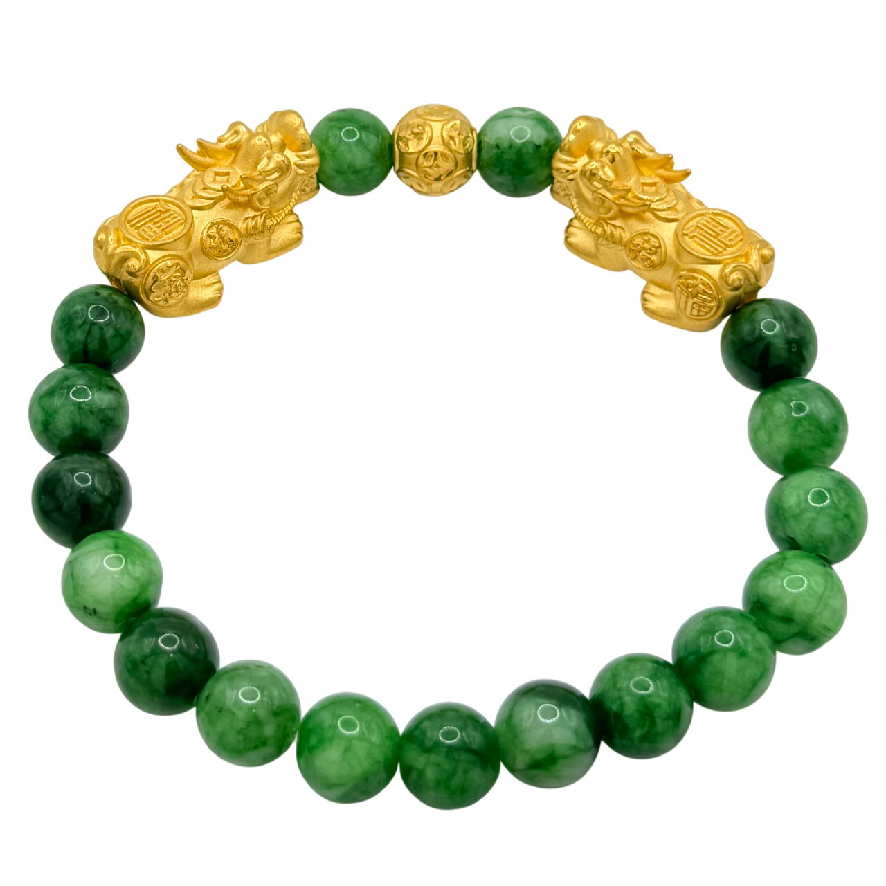 24K Yellow Gold Double Pi Xiu & Money Coin Ball Green Jade Bead Bracelet