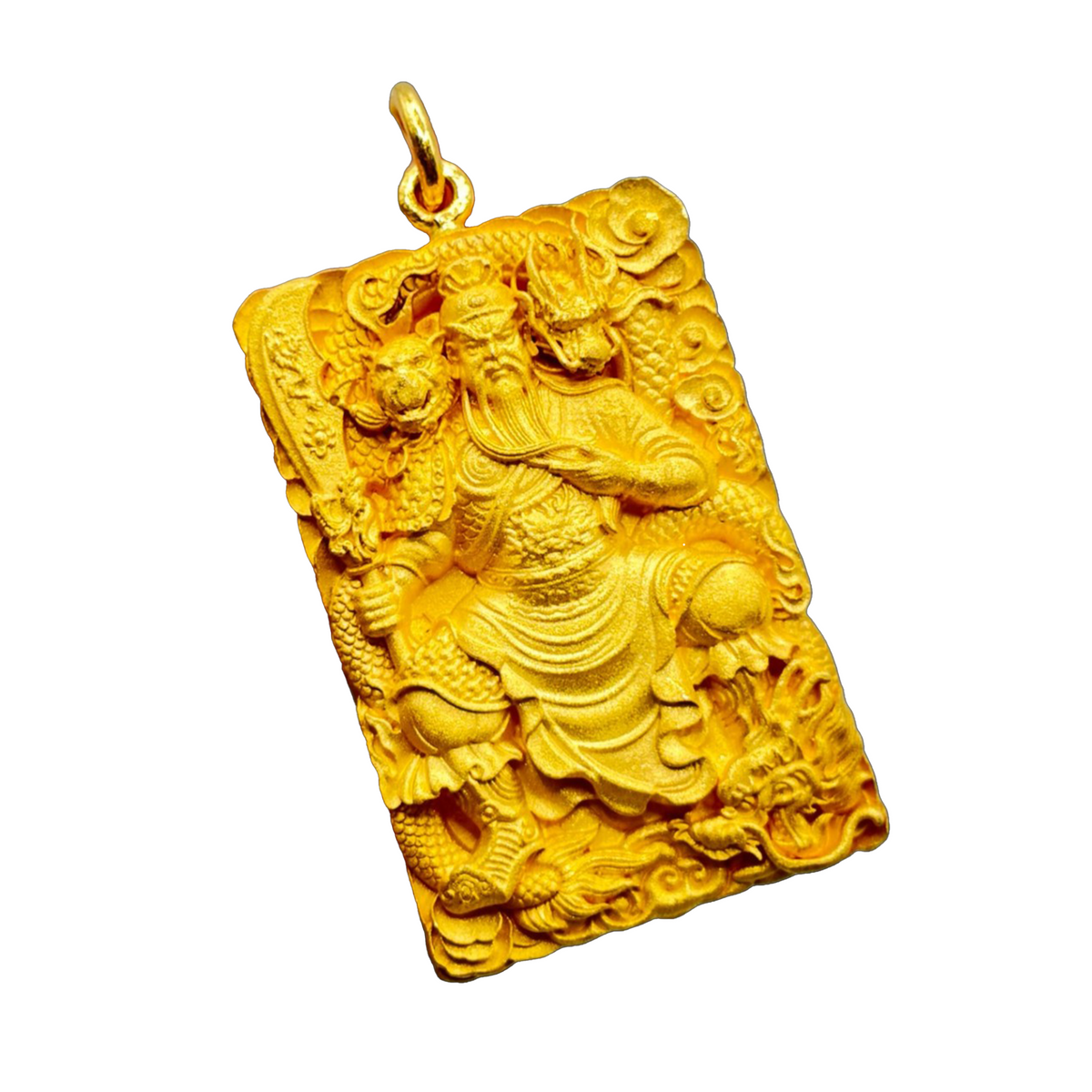 Solid gold Large God of War Guan Gong Pendant, the war god enthroned among dragons in deep relief