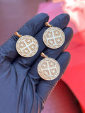 Three Jerusalem Cross Circular Pendants in solid gold, each a cross potent with four quadrant crosses in polished relief on a matte scrollwork ground. This listing is for one pendant.