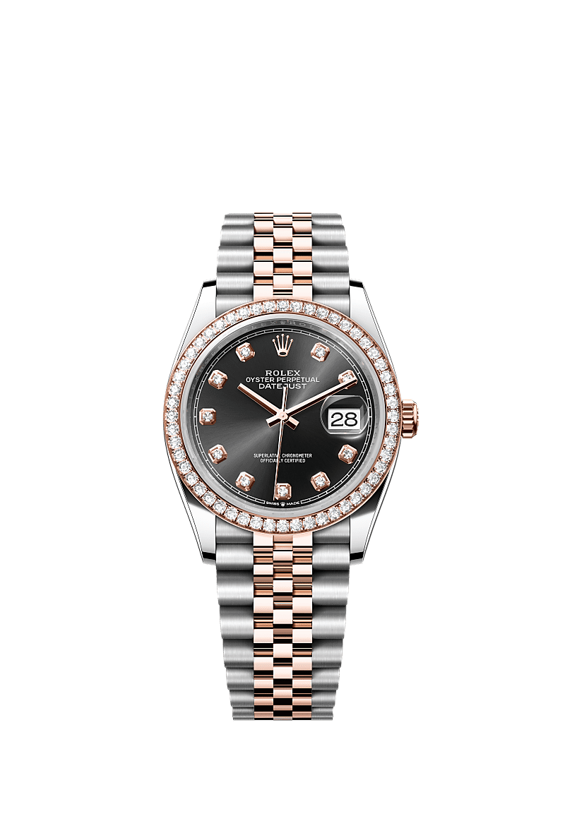 Rolex Two-Tone (RG/SS) Datejust - 36mm - Bright black Diamond Dial - Jubilee