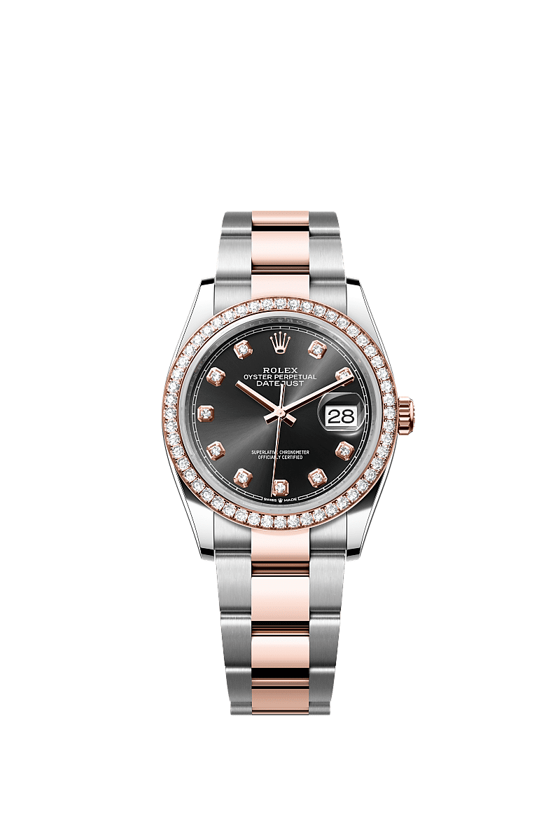 Rolex Two-Tone (RG/SS) Datejust - 36mm - Bright black Diamond Dial - Oyster