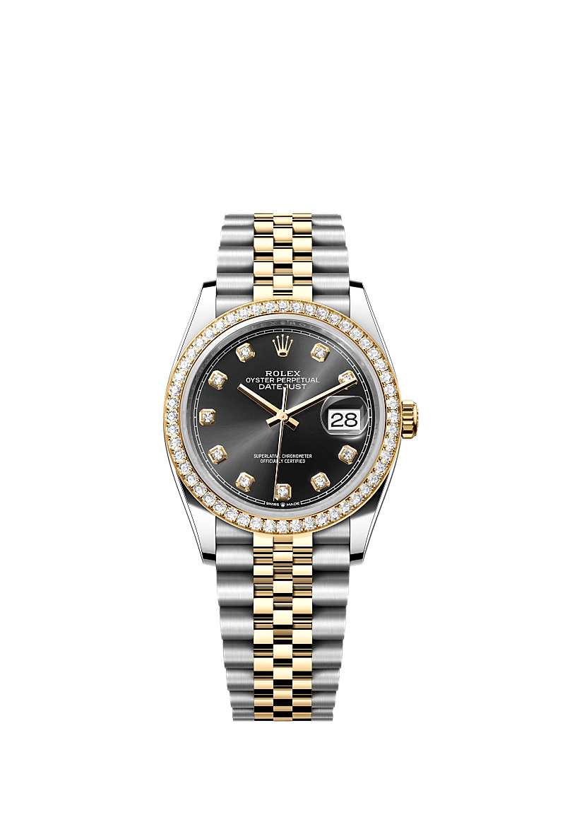 Rolex Two-Tone (YG/SS) Datejust - 36mm - Bright black Diamond Dial - Jubilee