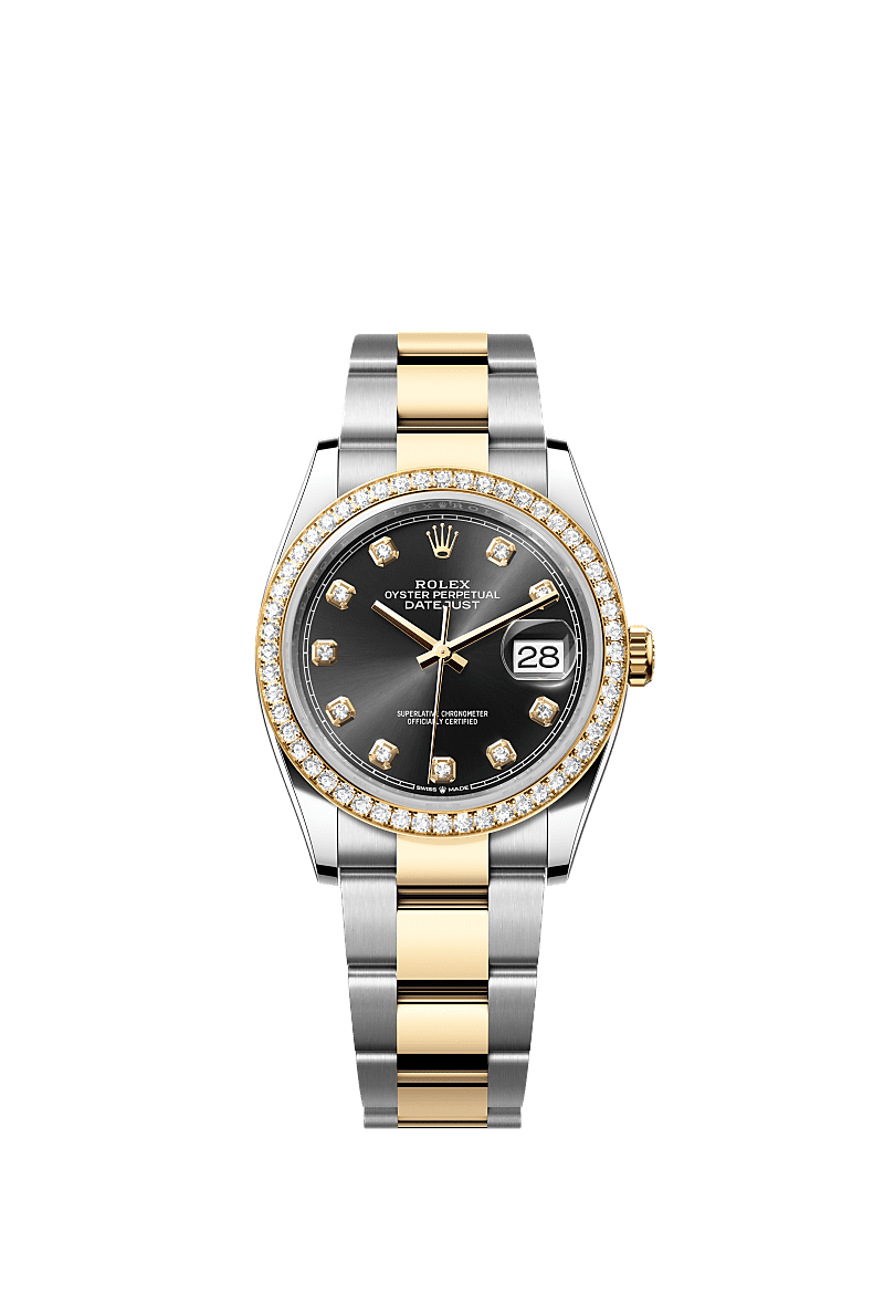 Rolex Two-Tone (YG/SS) Datejust - 36mm - Bright black Diamond Dial - Oyster
