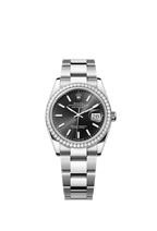 Pre-owned Rolex Stainless Steel Datejust, 36mm, Bright black, Diamond Bezel, Oyster