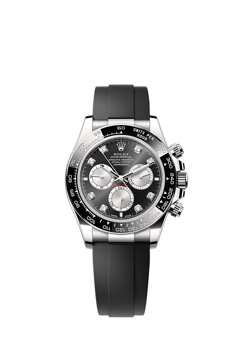 Rolex White Gold Daytona - 40mm - Bright black and steel Diamond Dial - Oysterflex