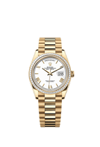 Pre-owned Rolex Yellow Gold Day-Date, 36mm, White Roman, Baguette Diamond Bezel, President