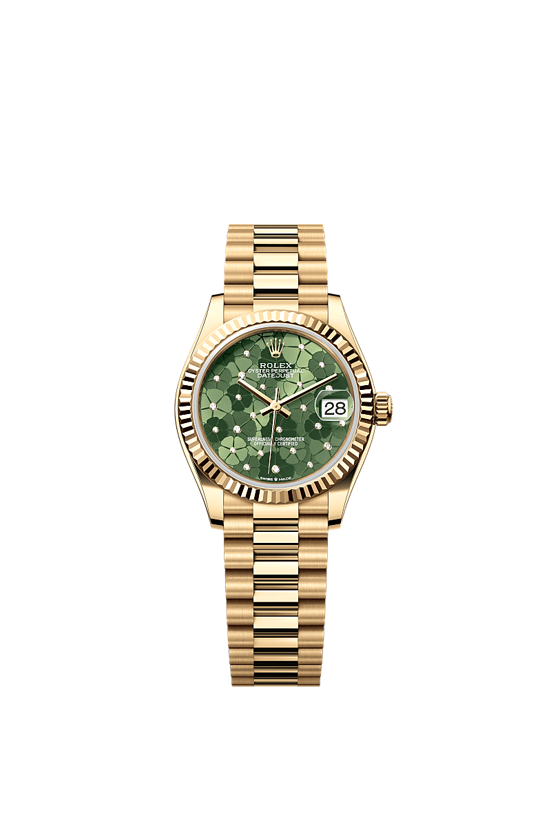 Rolex Yellow Gold Datejust - 31mm - Olive green, floral motif Diamond Dial - President