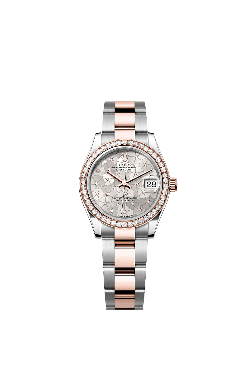 Rolex Two-Tone (RG/SS) Datejust - 31mm - Silver, floral motif Diamond Dial - Oyster