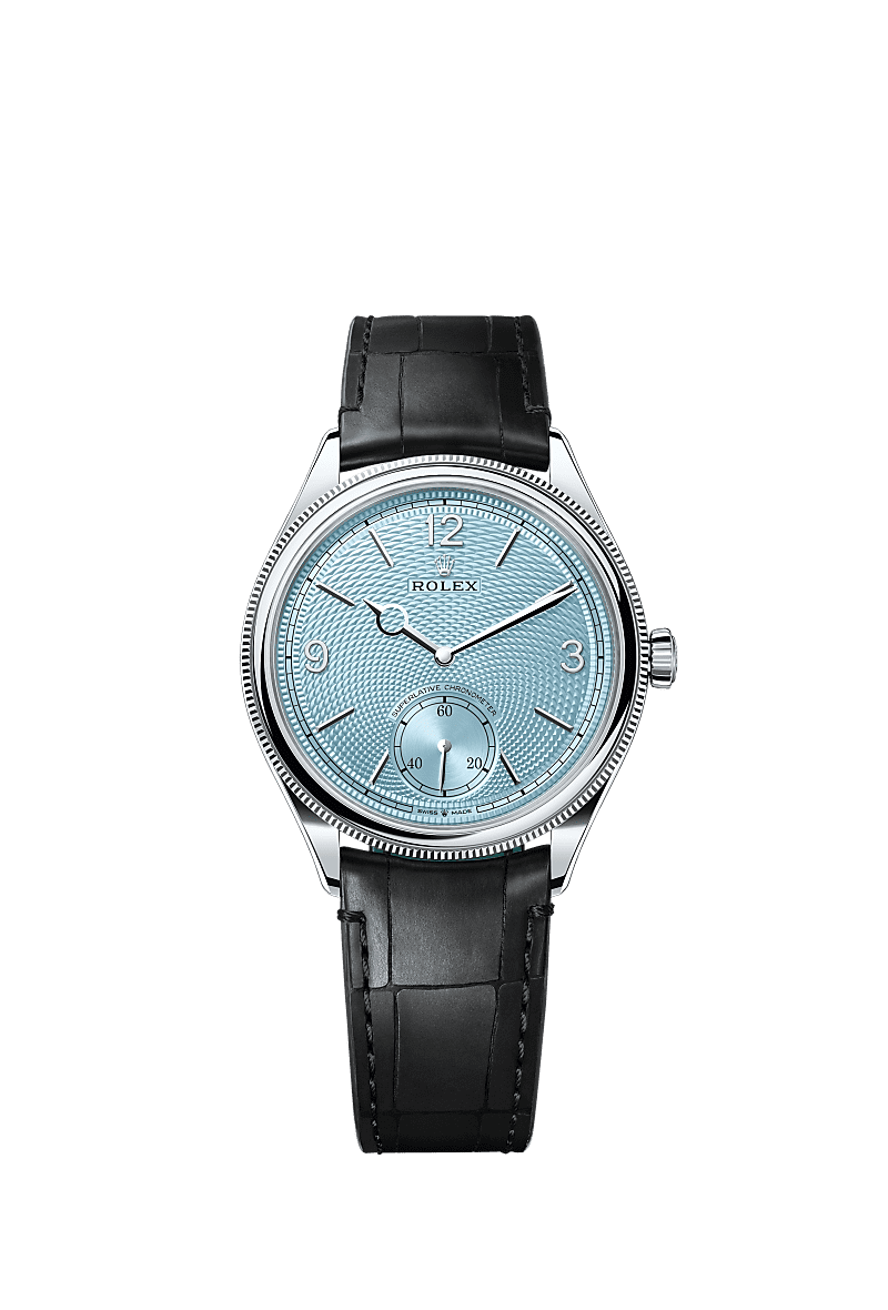 Rolex Platinum 1908 - 39mm - Ice blue, rice-grain motif - Leather strap