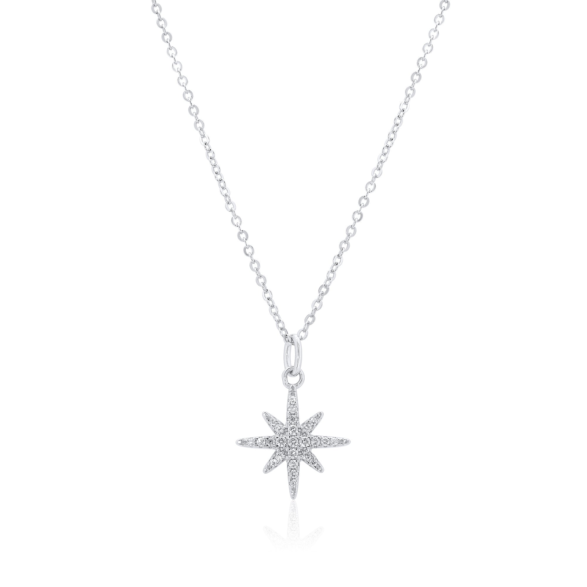 Rhodium Plated 925 Sterling Silver 14.5mm North Star Moissanite Studded Adjustable Pendant Necklace- MDGP00002