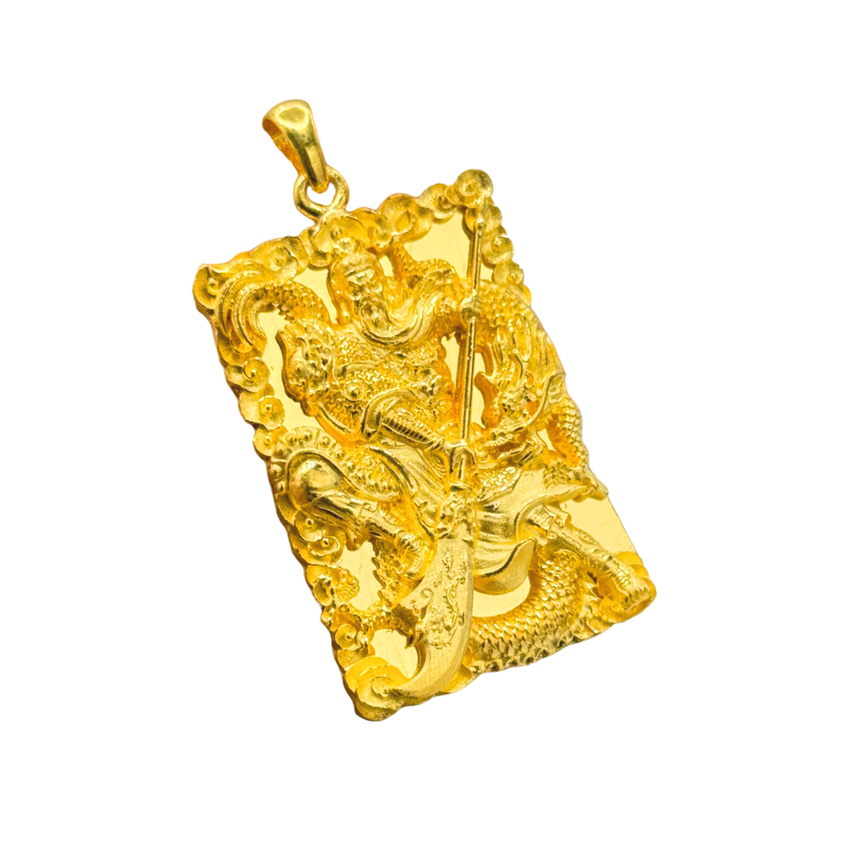 Solid gold Medium God of War Guan Gong Pendant, striding figure with the guandao across the plate