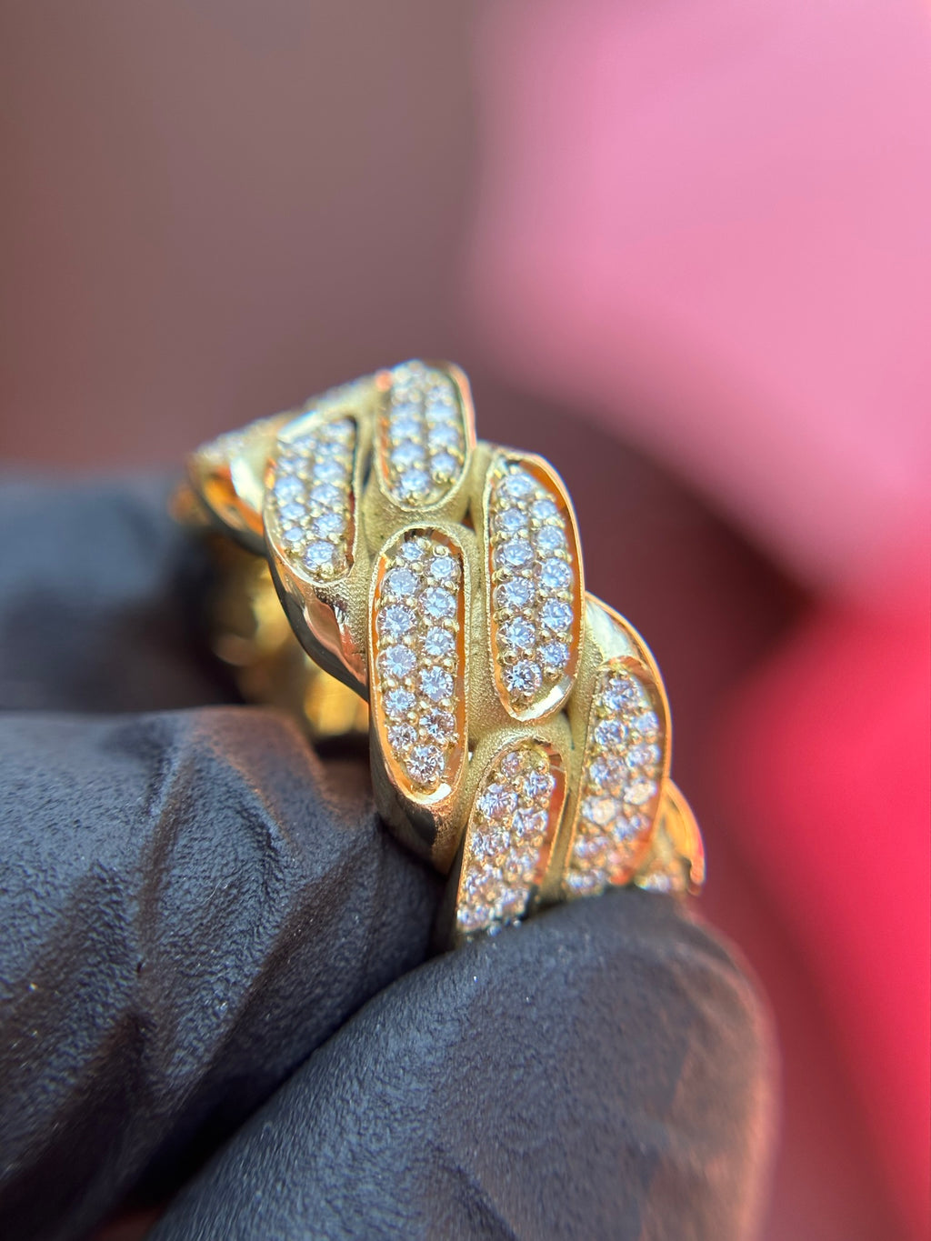 Miami Cuban Diamond Ring showing one shaped diamond panel per Cuban link