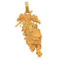 Solid gold Monkey King and Foo Dog Pendant, Sun Wukong mounted on a guardian lion, free-cut in the round