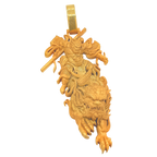 Solid gold Monkey King and Foo Dog Pendant, Sun Wukong mounted on a guardian lion, free-cut in the round