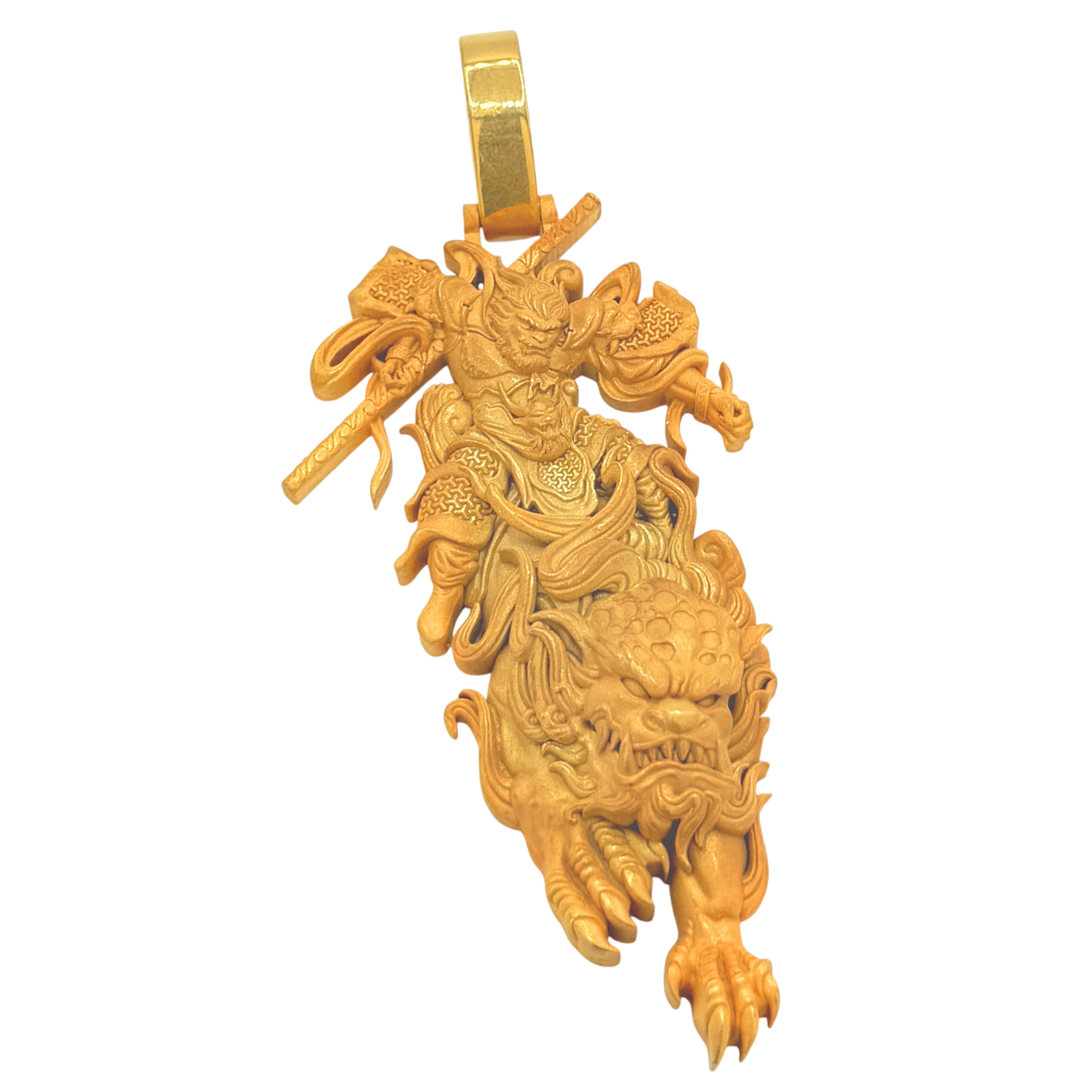 Solid gold Monkey King and Foo Dog Pendant, Sun Wukong mounted on a guardian lion, free-cut in the round