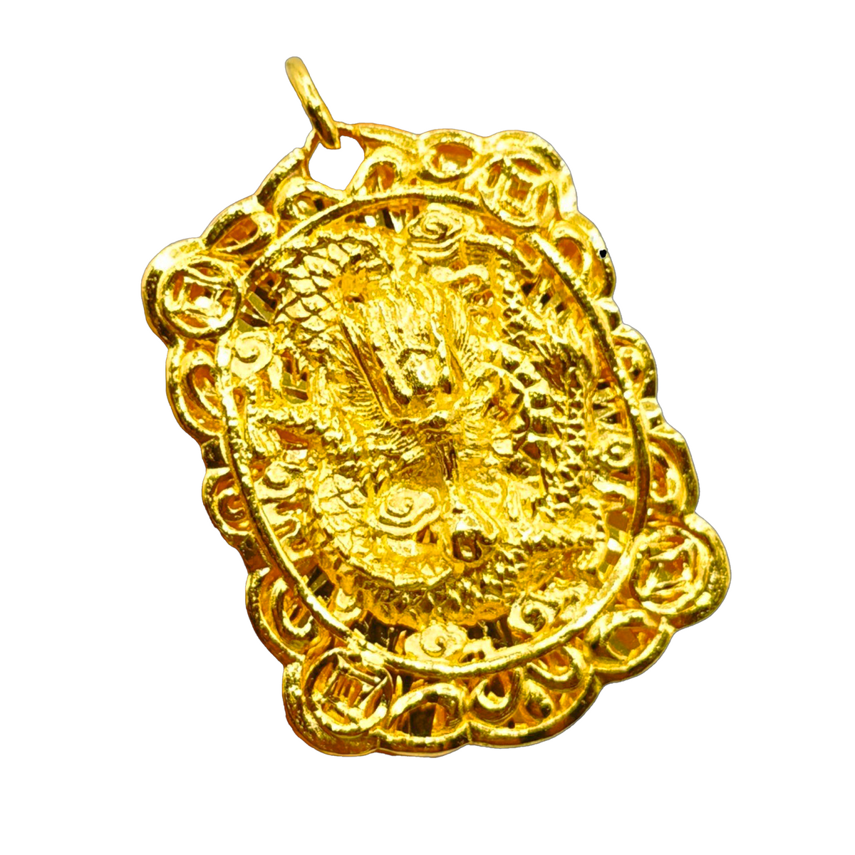 Solid gold Mosaic Dragon Pendant, dragon worked in granulated texture inside a cloud-curl cartouche
