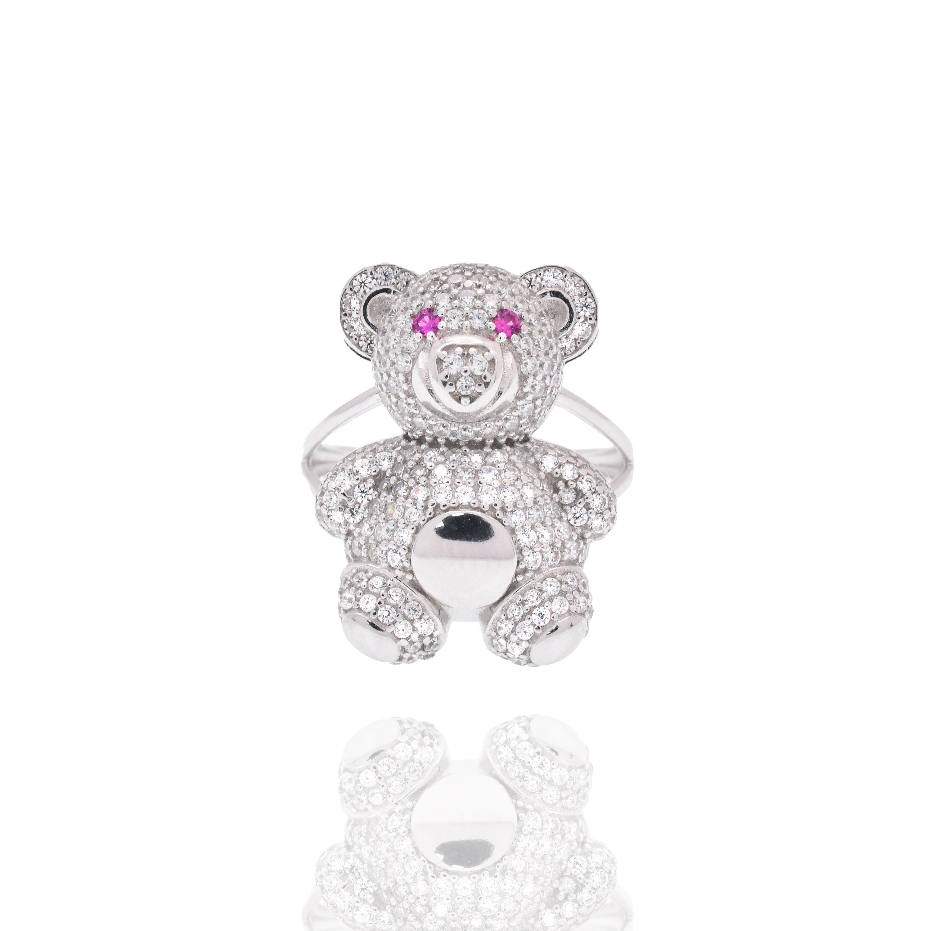 Rhodium Plated 925 Sterling Silver Teddy Bear Red and Clear CZ 17mm x 22mm Ring - GMR00447