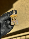 Partially Iced diamond Jesus pendant in yellow gold, polished face with pave hair, beard and satin crown of thorns