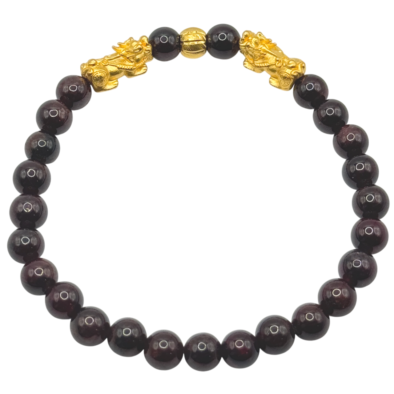 24K Yellow Gold Double Pi Xiu Maroon Jade Bead Bracelet